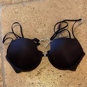 NWT~LASCANA Black Strappy Rhinestone Heart Jeweled Bling Push Up Bra Size 36C